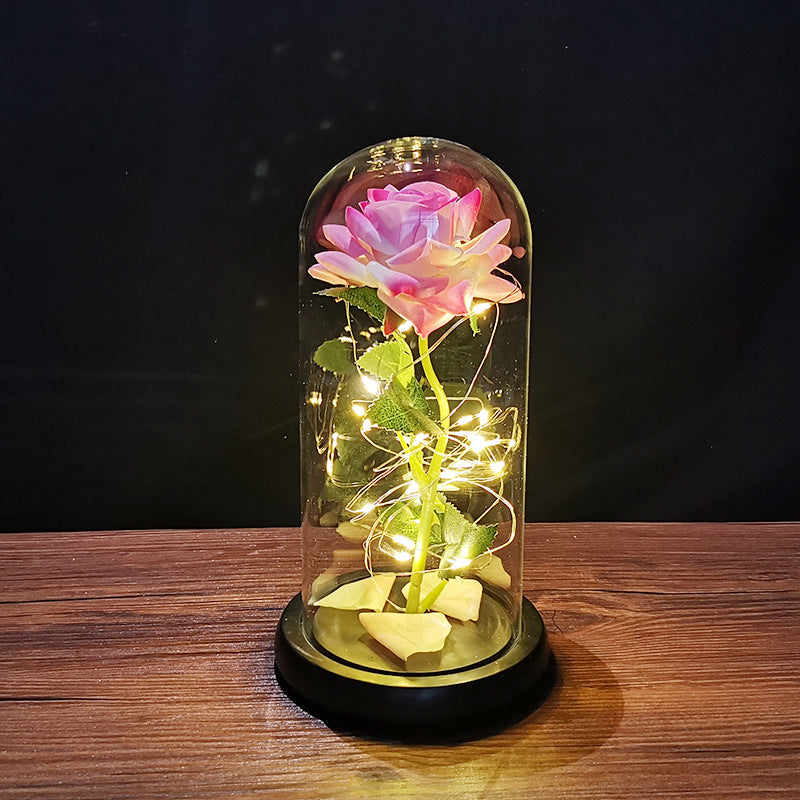 Mother's day ornaments Rose flower glass cover gold foil flower with led light immortal flower