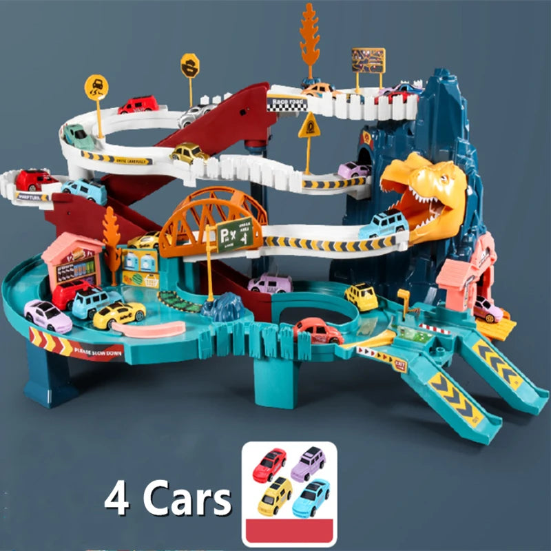 Breakthrough adventure dinosaur Panshan highway multi-storey car building 2 in 1 educational rail car toy