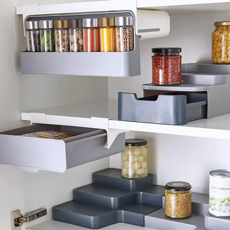 Home Kitchen Self-adhesive Wall-mounted Under-Shelf Spice Organizer Spice Bottle Storage Rack