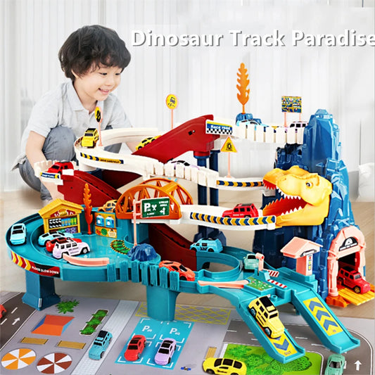 Breakthrough adventure dinosaur Panshan highway multi-storey car building 2 in 1 educational rail car toy