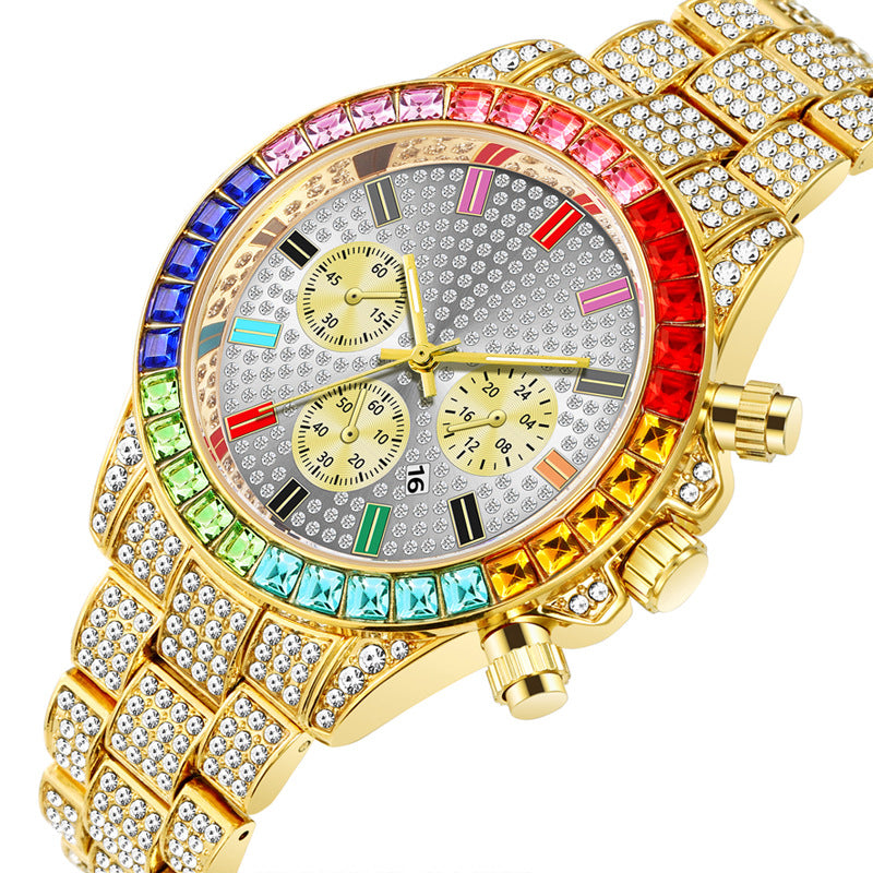 Three-eye fashion color diamond calendar diamond full diamond watch