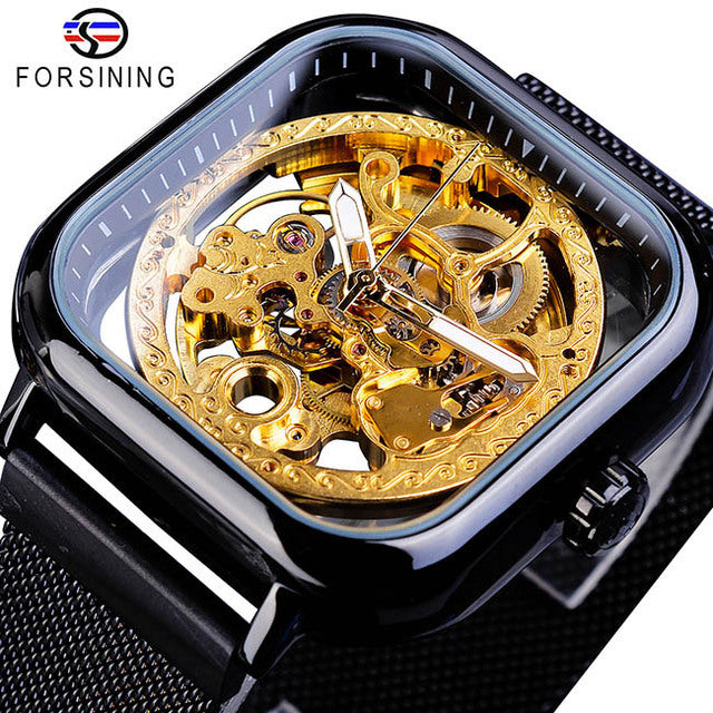 Forsining gold hollow watch men's fully automatic mechanical watch luminous mesh belt watch a generation