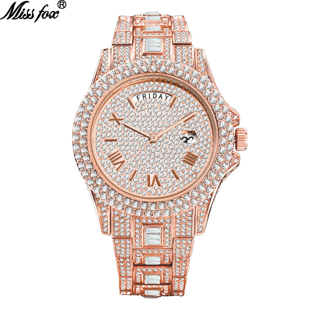 MISSFOX watch hot-selling fashion high-end dual calendar business full diamond watch