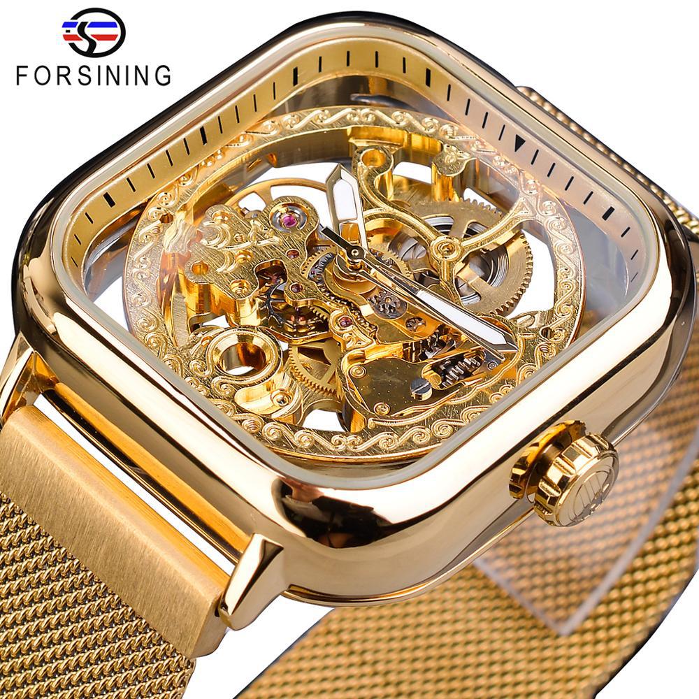 Forsining gold hollow watch men's fully automatic mechanical watch luminous mesh belt watch a generation