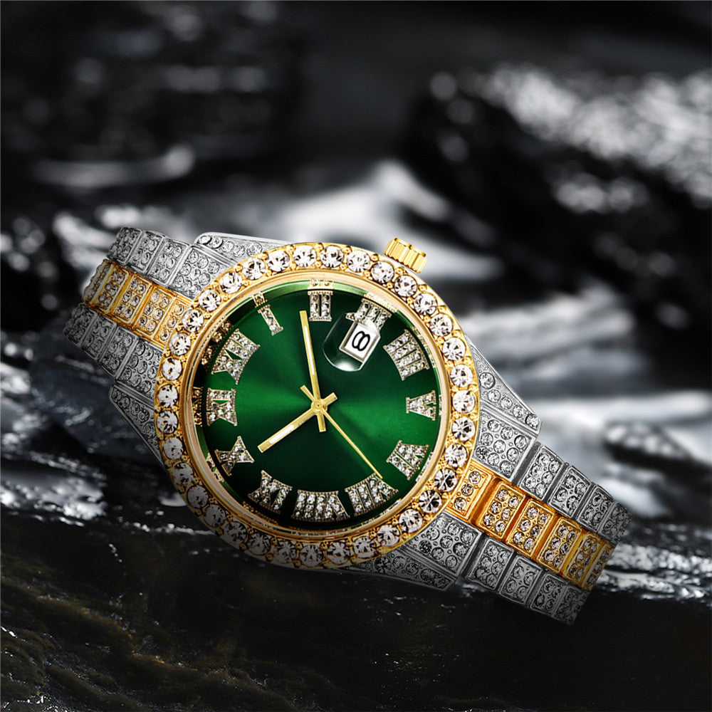 2024 European and American stainless steel men's watch big rhinestones diamond men's watch Roman scale calendar hip-hop watch gold green full diamond watch