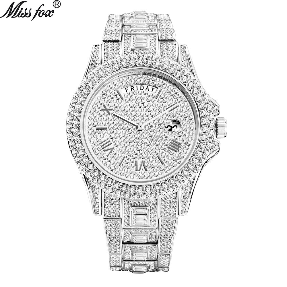 MISSFOX watch hot-selling fashion high-end dual calendar business full diamond watch