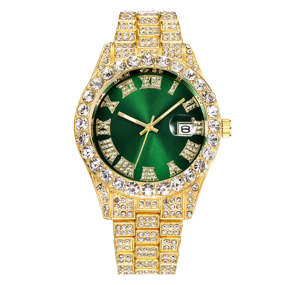 2024 European and American stainless steel men's watch big rhinestones diamond men's watch Roman scale calendar hip-hop watch gold green full diamond watch