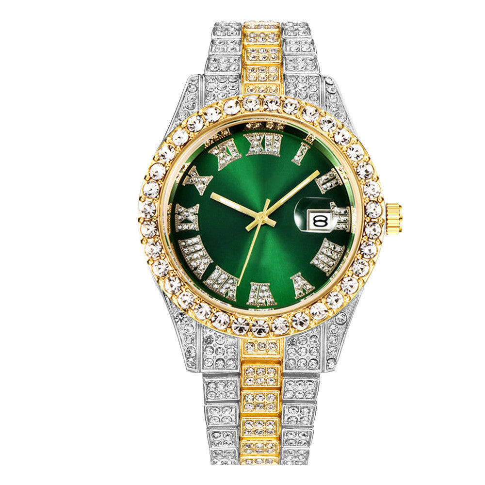 2024 European and American stainless steel men's watch big rhinestones diamond men's watch Roman scale calendar hip-hop watch gold green full diamond watch