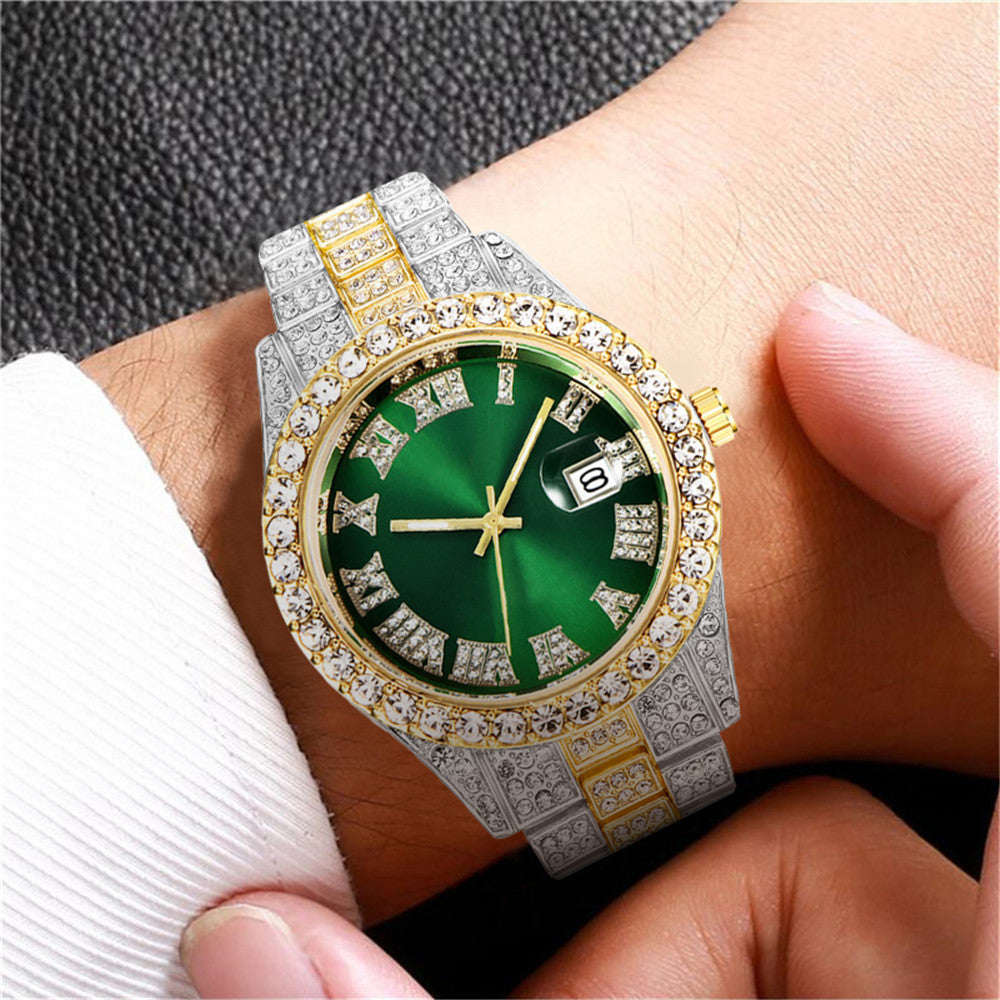 2024 European and American stainless steel men's watch big rhinestones diamond men's watch Roman scale calendar hip-hop watch gold green full diamond watch