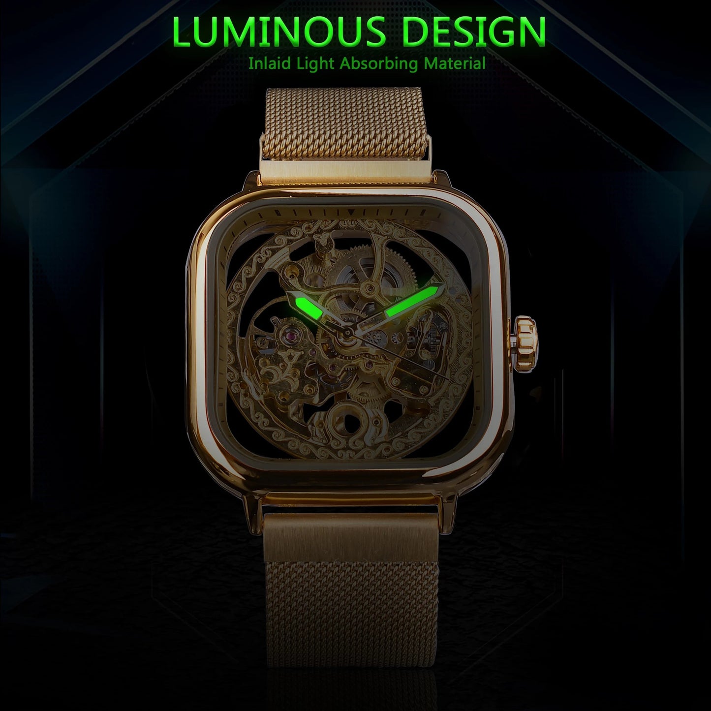 Forsining gold hollow watch men's fully automatic mechanical watch luminous mesh belt watch a generation