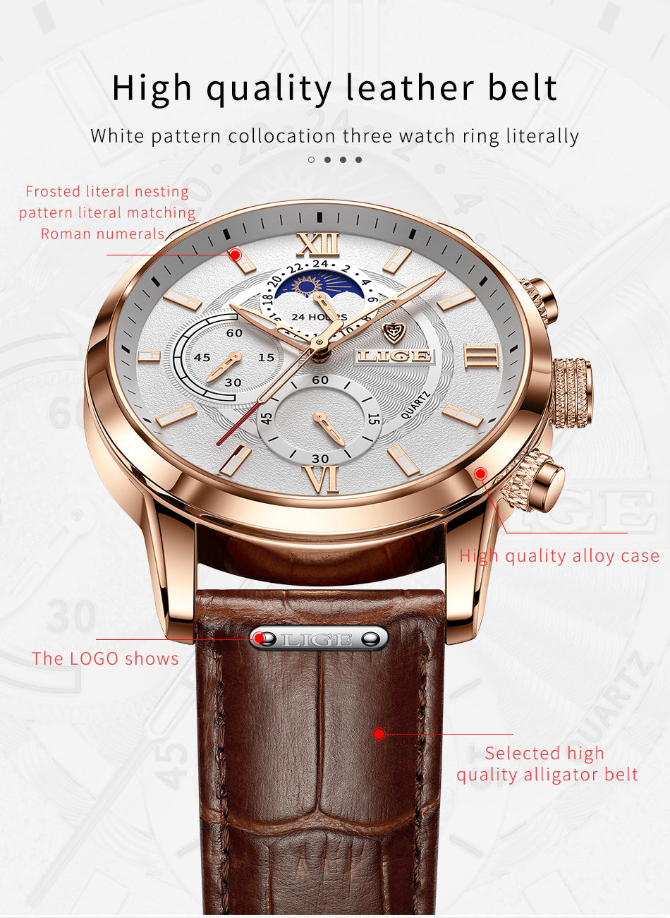 Lige new quartz multi-functional chronograph watch