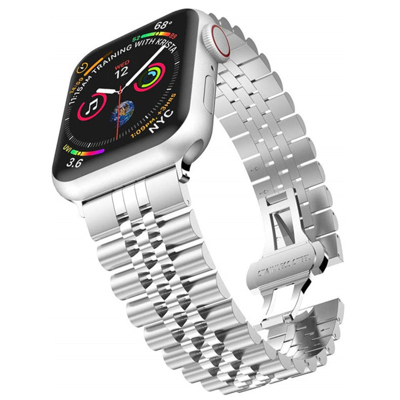 Suitable for Apple iwatch8 five-bead stainless steel watch strap apple watch7 butterfly buckle metal watch strap