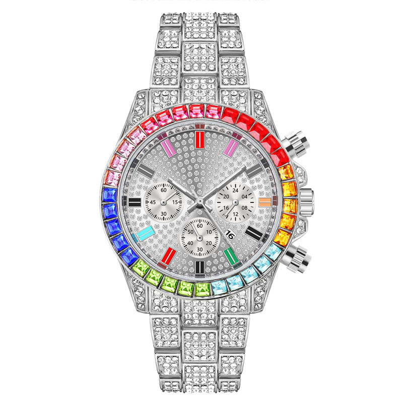 Three-eye fashion color diamond calendar diamond full diamond watch