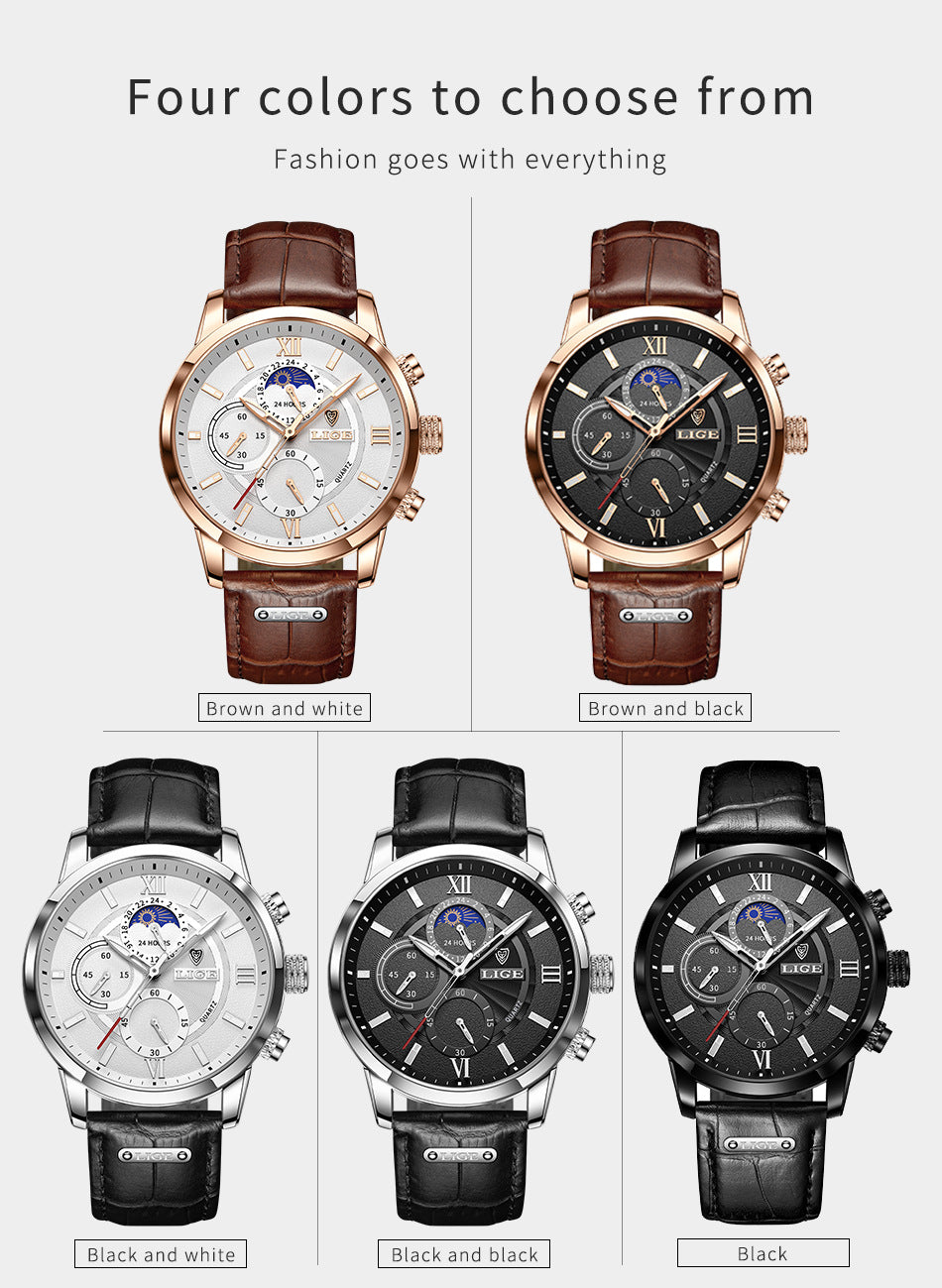 Lige new quartz multi-functional chronograph watch