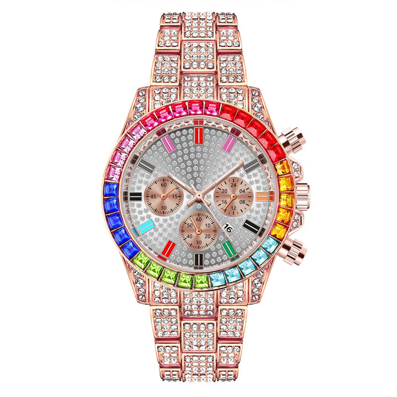 Three-eye fashion color diamond calendar diamond full diamond watch