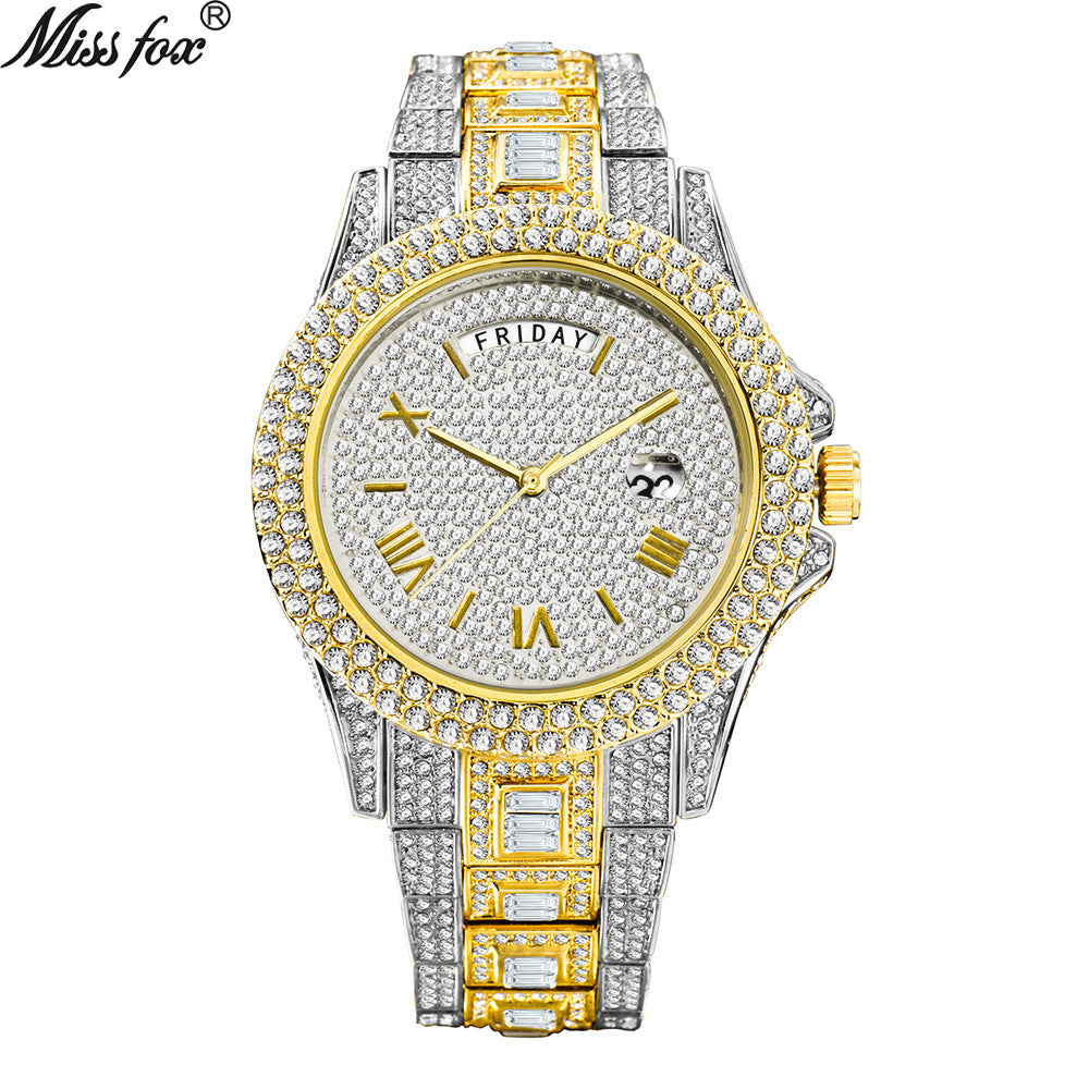 MISSFOX watch hot-selling fashion high-end dual calendar business full diamond watch