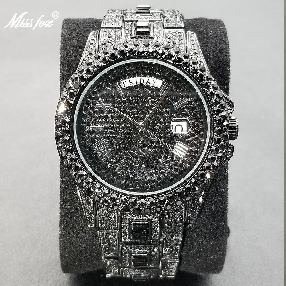 MISSFOX watch hot-selling fashion high-end dual calendar business full diamond watch