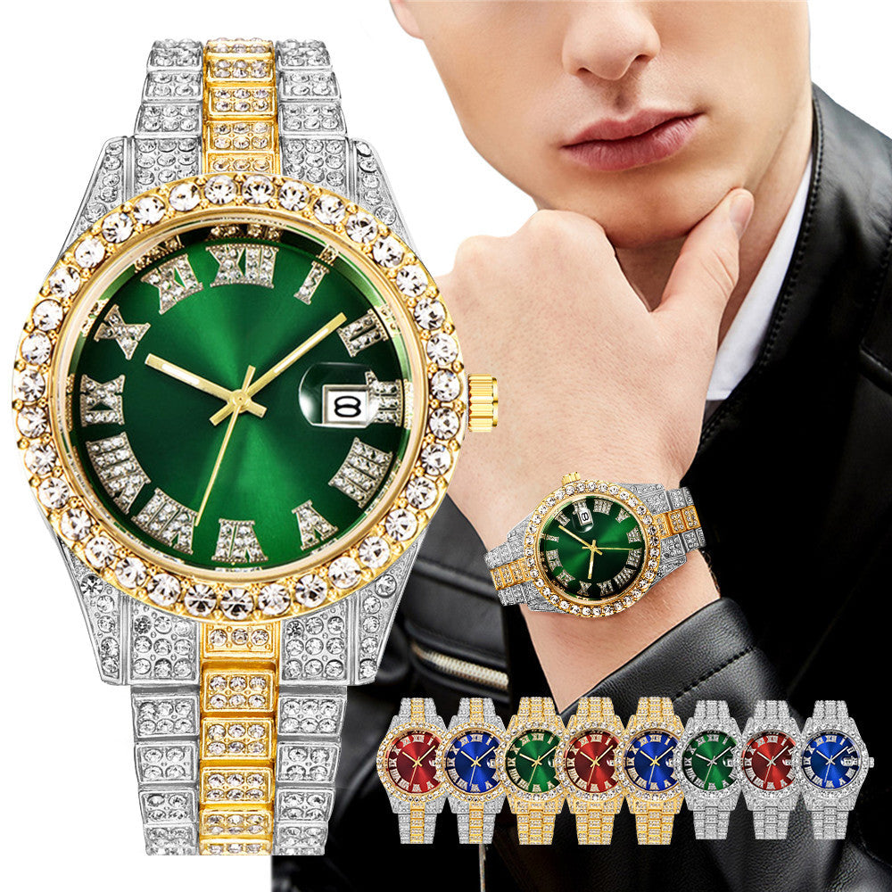 2024 European and American stainless steel men's watch big rhinestones diamond men's watch Roman scale calendar hip-hop watch gold green full diamond watch