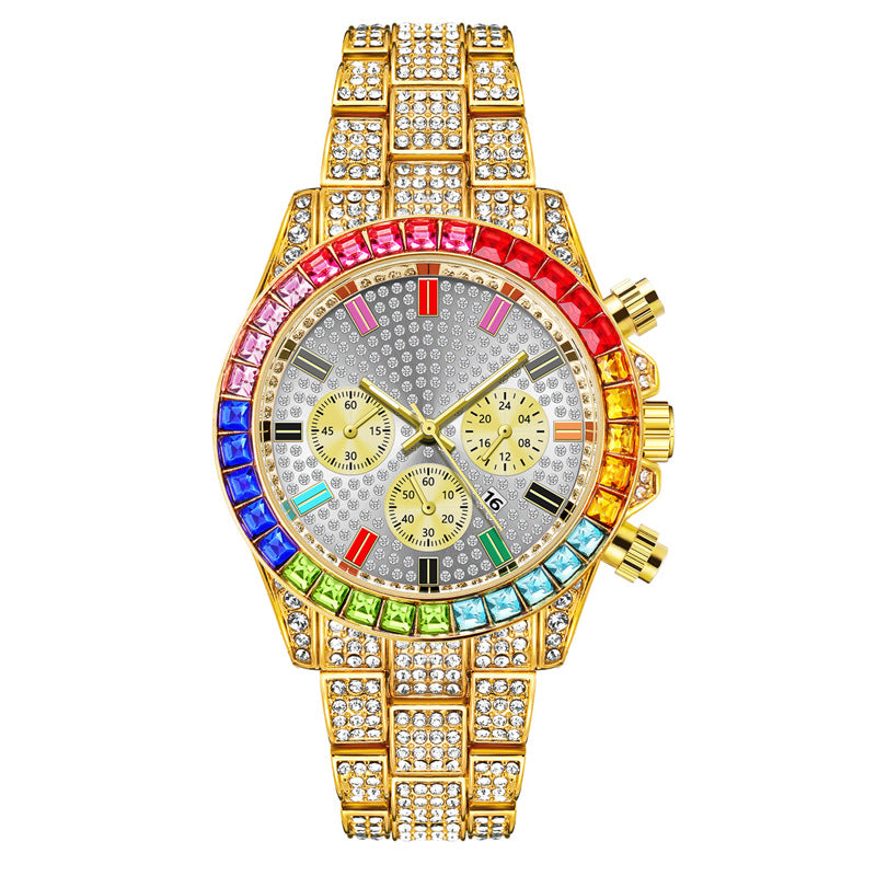 Three-eye fashion color diamond calendar diamond full diamond watch