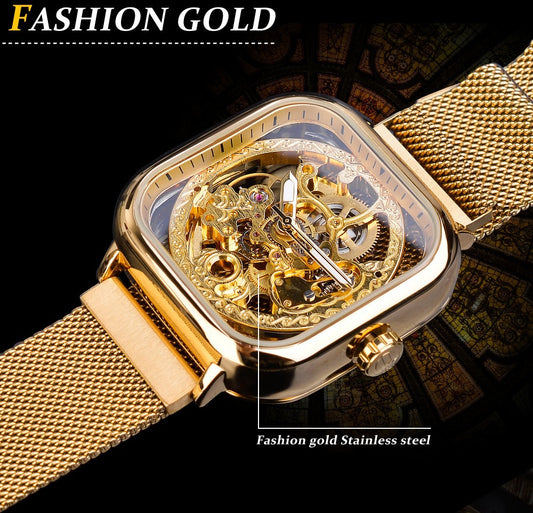 Forsining gold hollow watch men's fully automatic mechanical watch luminous mesh belt watch a generation