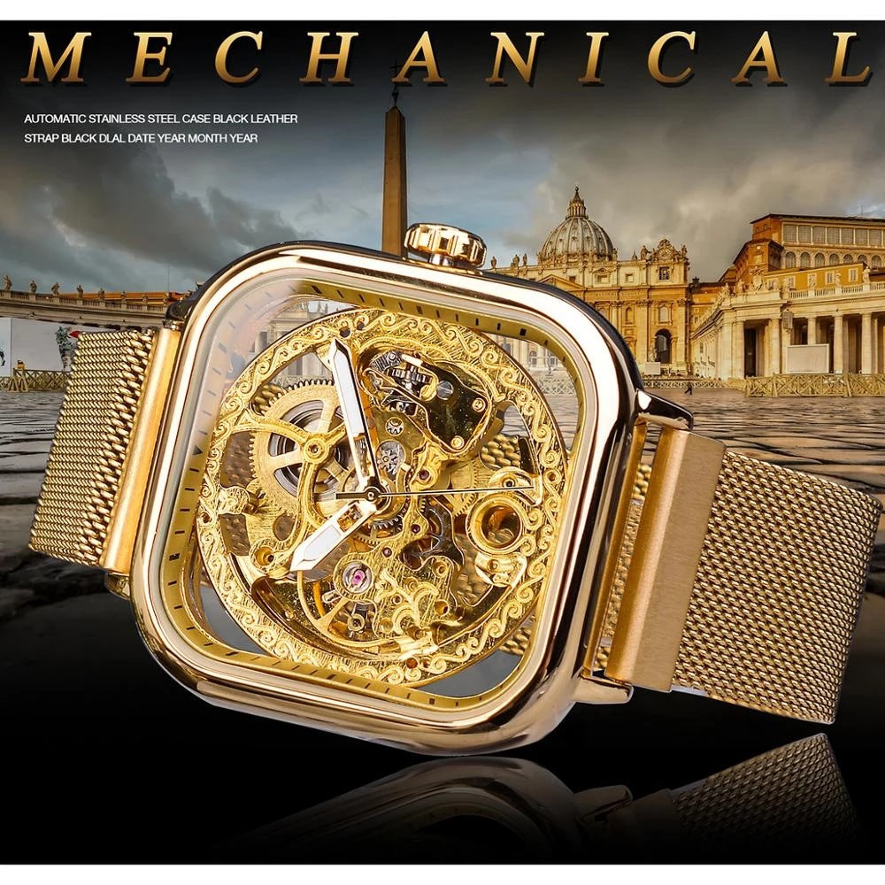 Forsining gold hollow watch men's fully automatic mechanical watch luminous mesh belt watch a generation